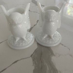 Milks glass owl tooth pick holder or candle stick